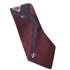 Vintage Domani Tie Maroon Geometric Art Deco Swan Logo MCM